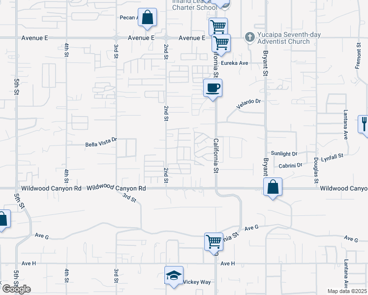 map of restaurants, bars, coffee shops, grocery stores, and more near 12941 2nd Street in Yucaipa