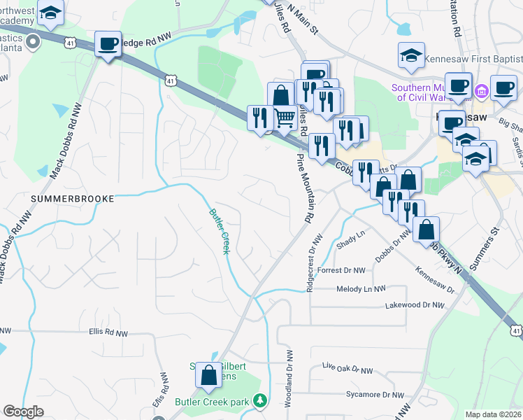map of restaurants, bars, coffee shops, grocery stores, and more near 3030 Wellcrest Drive Northwest in Kennesaw