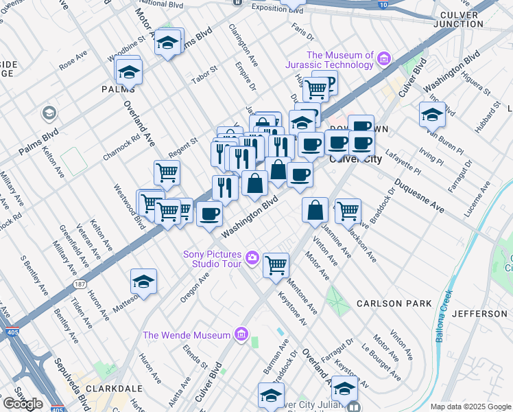 map of restaurants, bars, coffee shops, grocery stores, and more near 10401 Washington Boulevard in Culver City