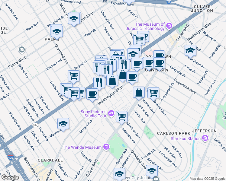 map of restaurants, bars, coffee shops, grocery stores, and more near 10401 Washington Boulevard in Culver City