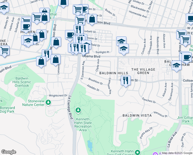map of restaurants, bars, coffee shops, grocery stores, and more near 5664 Coliseum Street in Los Angeles