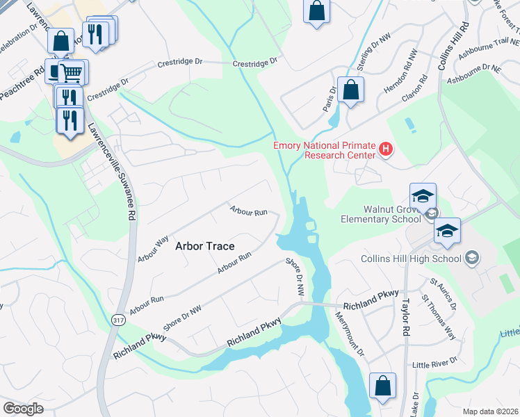 map of restaurants, bars, coffee shops, grocery stores, and more near 96 Arbour Run in Suwanee