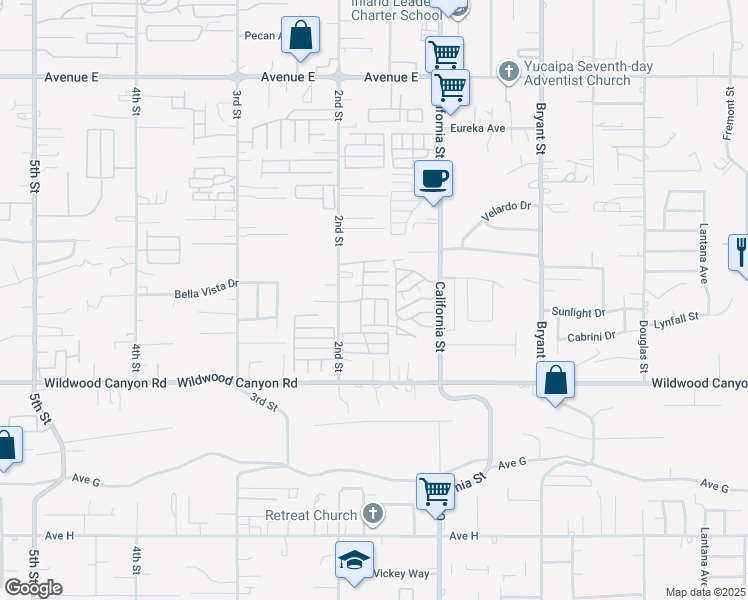 map of restaurants, bars, coffee shops, grocery stores, and more near 12941 2nd Street in Yucaipa