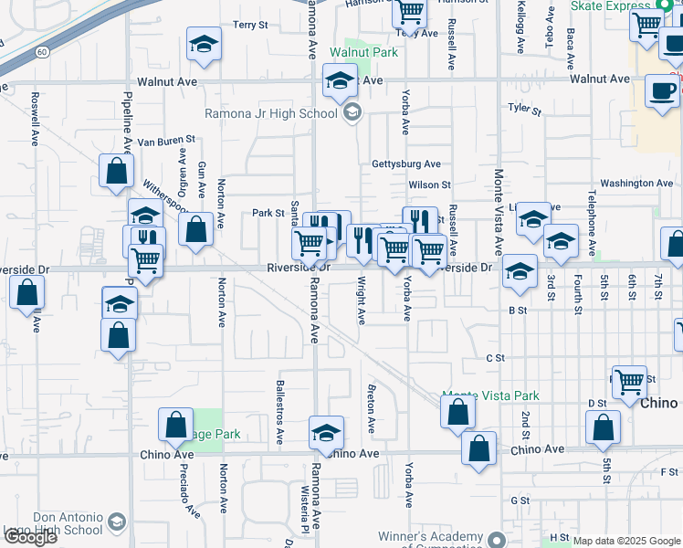 map of restaurants, bars, coffee shops, grocery stores, and more near 4559 Riverside Drive in Chino