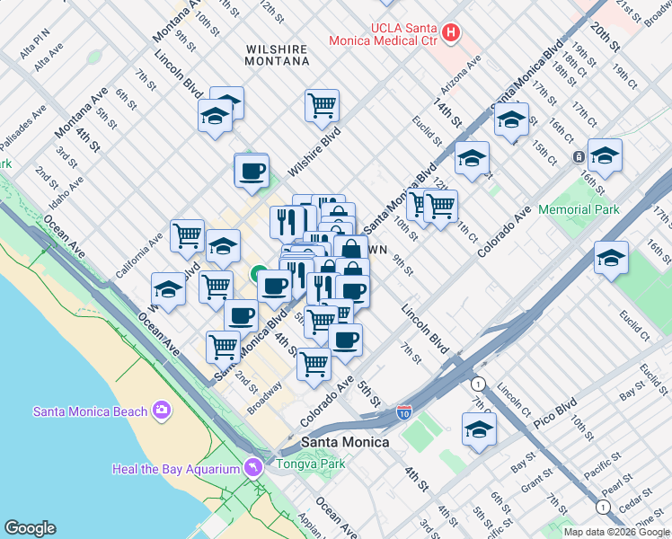 map of restaurants, bars, coffee shops, grocery stores, and more near 620 West Historic Route 66 in Santa Monica