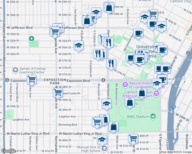 map of restaurants, bars, coffee shops, grocery stores, and more near 1043 West Exposition Boulevard in Los Angeles