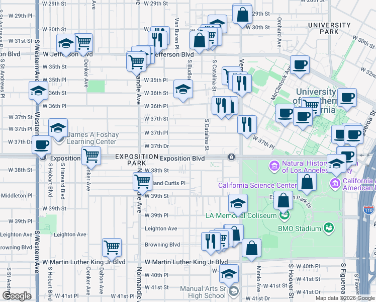 map of restaurants, bars, coffee shops, grocery stores, and more near 1141 Exposition Boulevard in Los Angeles
