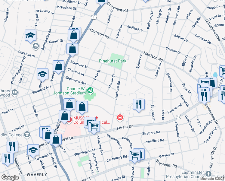 map of restaurants, bars, coffee shops, grocery stores, and more near 2924 Chestnut Street in Columbia