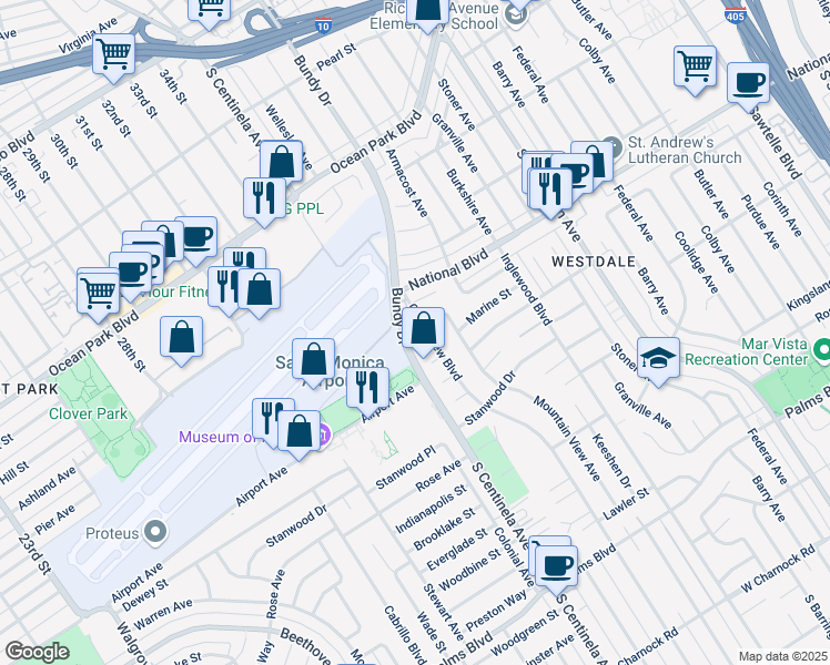 map of restaurants, bars, coffee shops, grocery stores, and more near 3031 Grand View Boulevard in Los Angeles