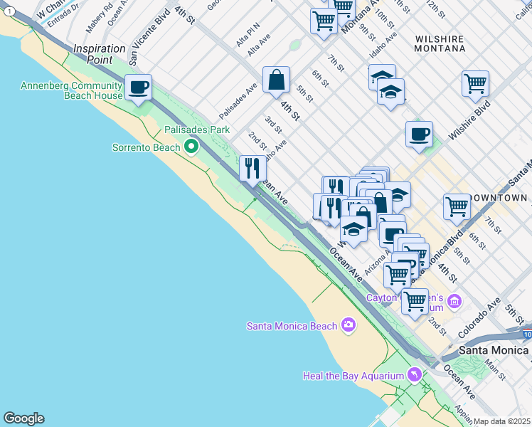 map of restaurants, bars, coffee shops, grocery stores, and more near 966 Palisades Beach Road in Santa Monica