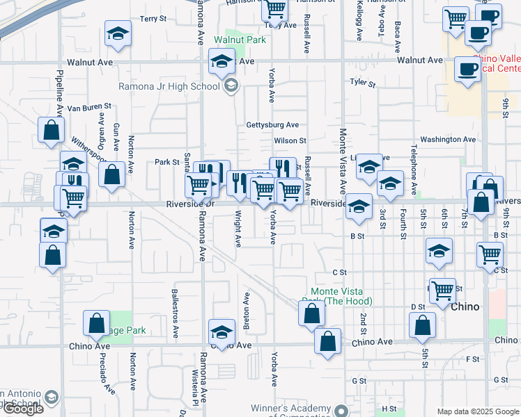 map of restaurants, bars, coffee shops, grocery stores, and more near 4657 Riverside Drive in Chino