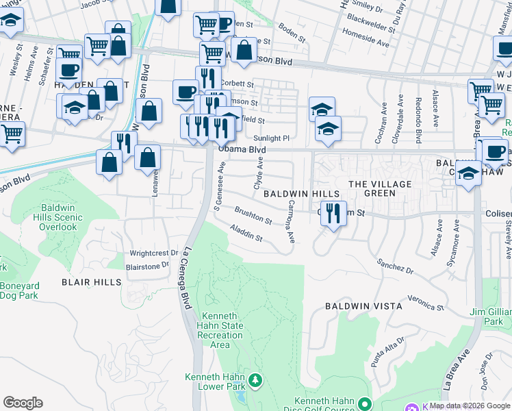 map of restaurants, bars, coffee shops, grocery stores, and more near 5664 Coliseum Street in Los Angeles