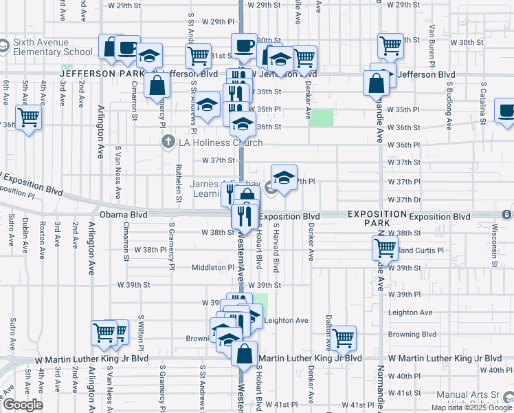 map of restaurants, bars, coffee shops, grocery stores, and more near 1573 West Exposition Boulevard in Los Angeles