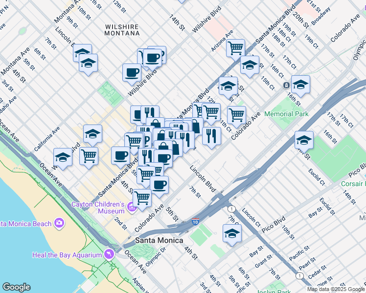 map of restaurants, bars, coffee shops, grocery stores, and more near 1447 Lincoln Boulevard in Santa Monica