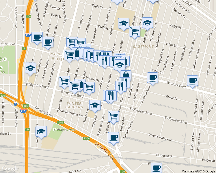map of restaurants, bars, coffee shops, grocery stores, and more near 1036 Clela Avenue in East Los Angeles