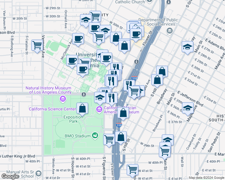 map of restaurants, bars, coffee shops, grocery stores, and more near 431 West Exposition Boulevard in Los Angeles