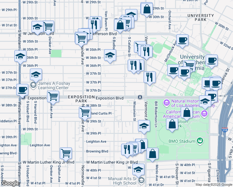 map of restaurants, bars, coffee shops, grocery stores, and more near 1141 Exposition Boulevard in Los Angeles