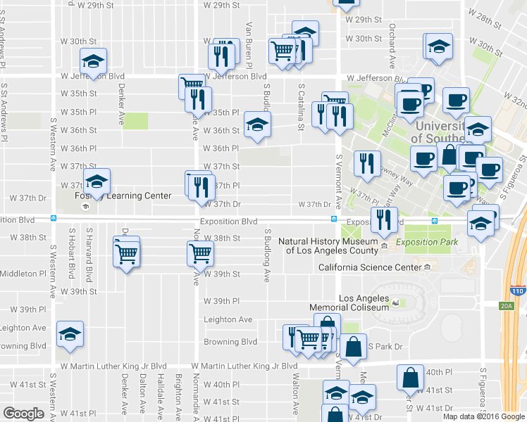map of restaurants, bars, coffee shops, grocery stores, and more near 1141 Exposition Boulevard in Los Angeles
