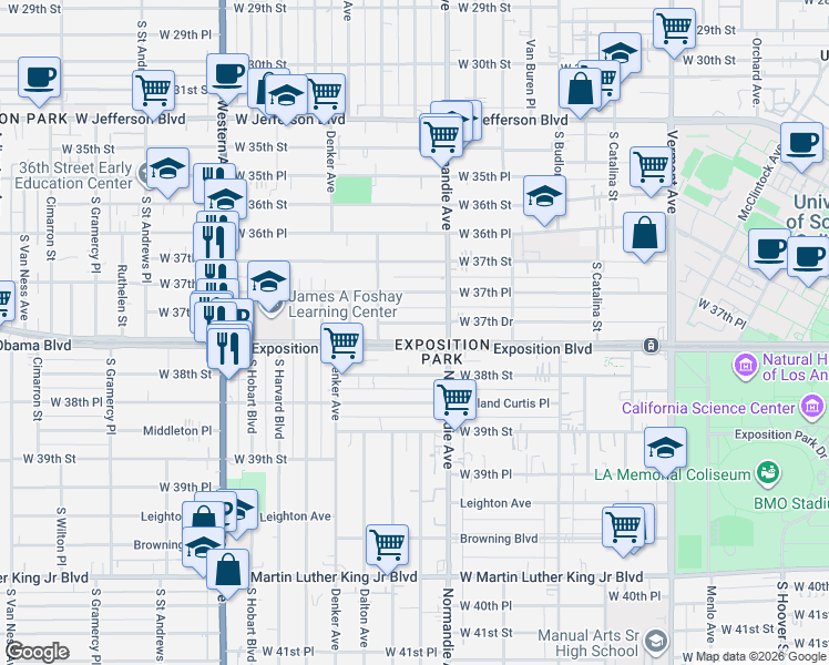 map of restaurants, bars, coffee shops, grocery stores, and more near 1351 Exposition Boulevard in Los Angeles