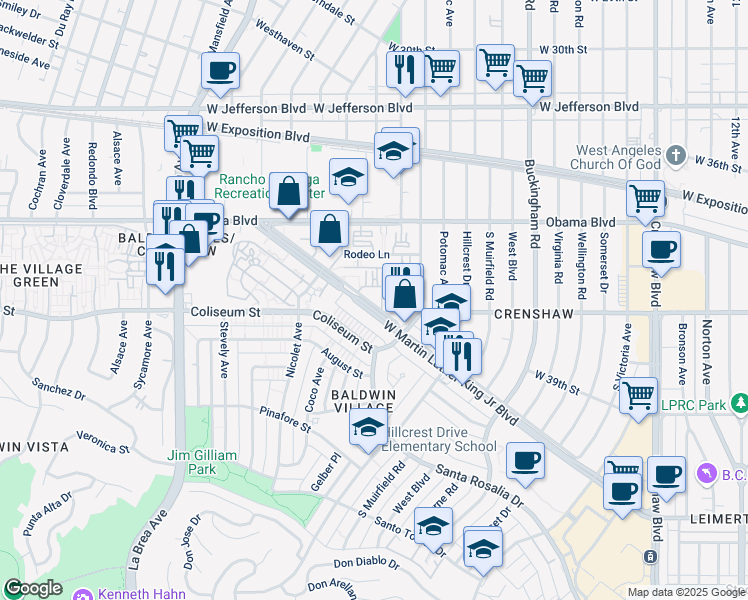map of restaurants, bars, coffee shops, grocery stores, and more near 4565 West Martin Luther King in Los Angeles