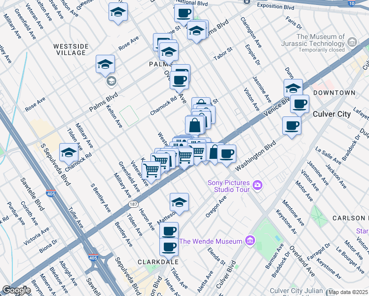 map of restaurants, bars, coffee shops, grocery stores, and more near 3745 Glendon Avenue in Los Angeles
