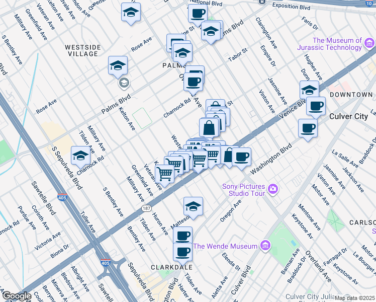 map of restaurants, bars, coffee shops, grocery stores, and more near 3745 Glendon Avenue in Los Angeles