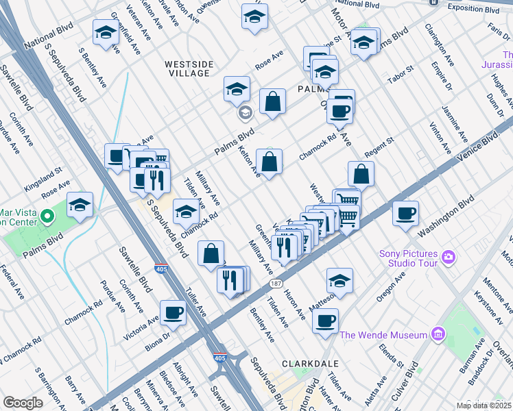 map of restaurants, bars, coffee shops, grocery stores, and more near 3621 Greenfield Avenue in Los Angeles