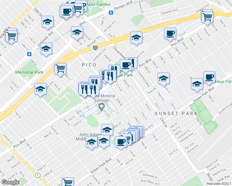 map of restaurants, bars, coffee shops, grocery stores, and more near 2201 20th Street in Santa Monica