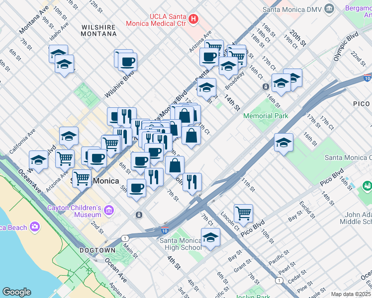 map of restaurants, bars, coffee shops, grocery stores, and more near 1519 9th Street in Santa Monica