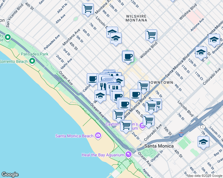 map of restaurants, bars, coffee shops, grocery stores, and more near 332 Wilshire Boulevard in Santa Monica