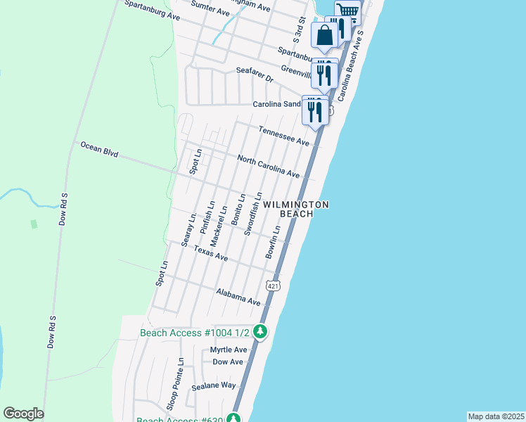 map of restaurants, bars, coffee shops, grocery stores, and more near 1411 Swordfish Lane in Carolina Beach