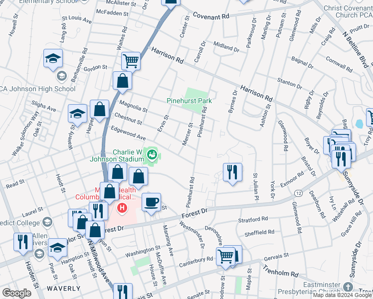 map of restaurants, bars, coffee shops, grocery stores, and more near 2924 Chestnut Street in Columbia