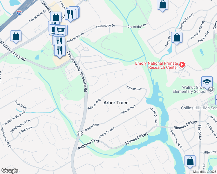 map of restaurants, bars, coffee shops, grocery stores, and more near 307 Arbour Way in Suwanee