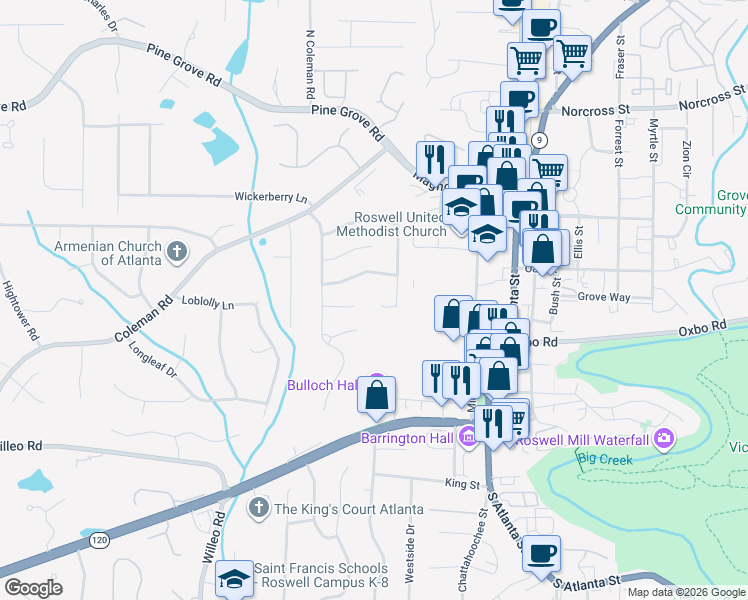 map of restaurants, bars, coffee shops, grocery stores, and more near 555 Roswell Farms Road in Roswell