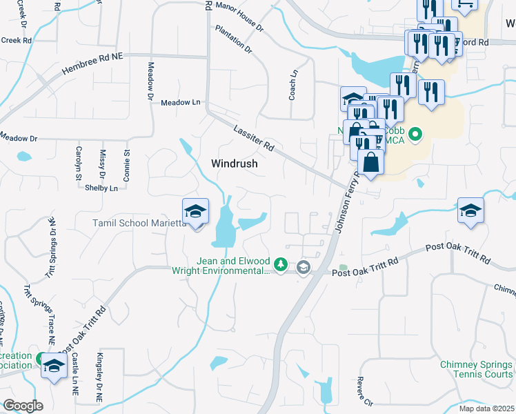 map of restaurants, bars, coffee shops, grocery stores, and more near 3938 Hillsman Lane in Marietta