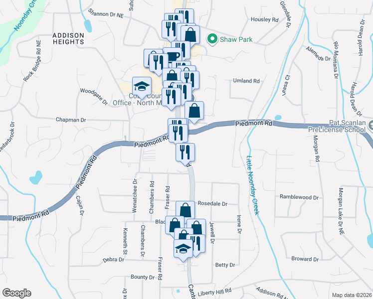 map of restaurants, bars, coffee shops, grocery stores, and more near 2755 Canton Road in Marietta