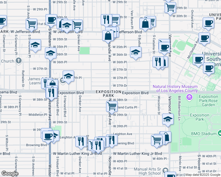 map of restaurants, bars, coffee shops, grocery stores, and more near 3762 S Normandie Ave in Los Angeles