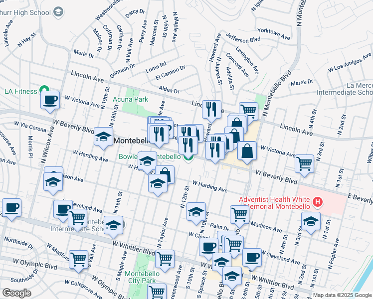 map of restaurants, bars, coffee shops, grocery stores, and more near 1212 West Beverly Boulevard in Montebello