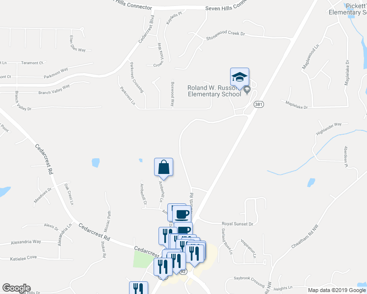 map of restaurants, bars, coffee shops, grocery stores, and more near 618 Old Dallas Acworth Road in Dallas