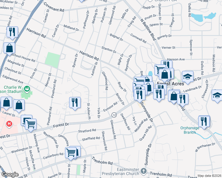 map of restaurants, bars, coffee shops, grocery stores, and more near 1817 Bristol Drive in Columbia