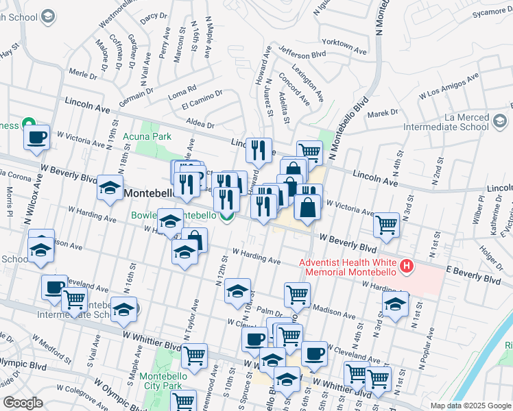 map of restaurants, bars, coffee shops, grocery stores, and more near 1115 Sheila Court in Montebello