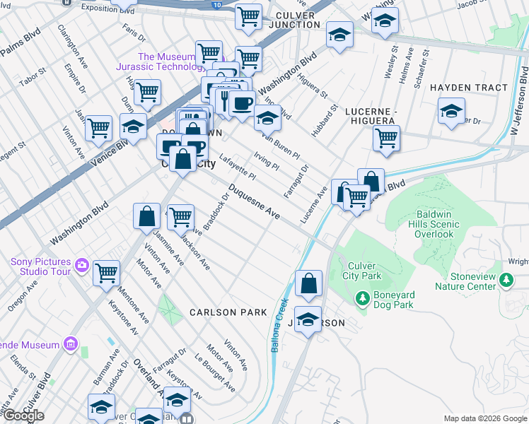 map of restaurants, bars, coffee shops, grocery stores, and more near 4185 Duquesne Avenue in Culver City
