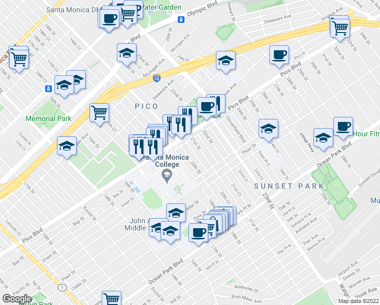 map of restaurants, bars, coffee shops, grocery stores, and more near 2201 20th Street in Santa Monica