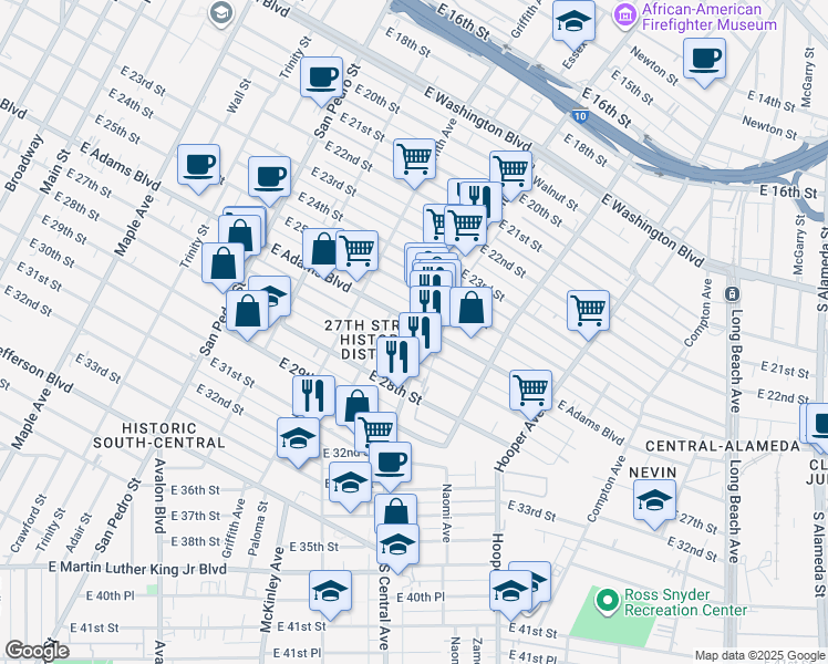map of restaurants, bars, coffee shops, grocery stores, and more near 2603 South Central Avenue in Los Angeles
