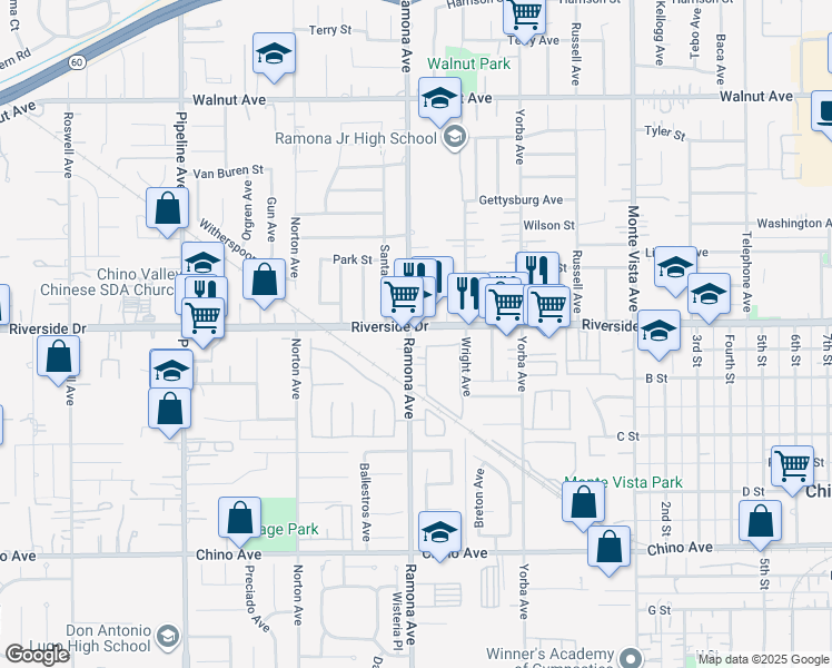 map of restaurants, bars, coffee shops, grocery stores, and more near 4511 Riverside Drive in Chino
