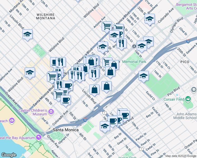 map of restaurants, bars, coffee shops, grocery stores, and more near 1001 Colorado Avenue in Santa Monica