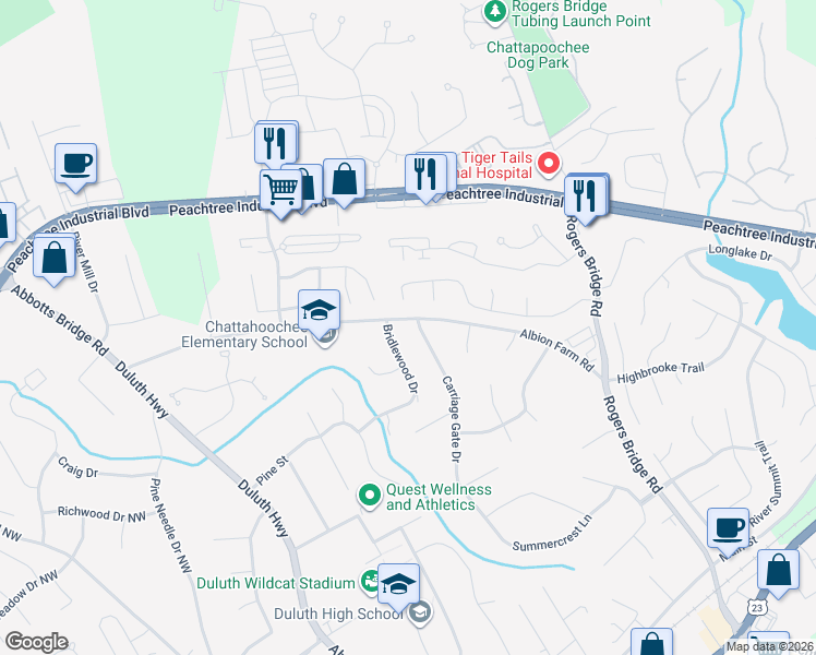 map of restaurants, bars, coffee shops, grocery stores, and more near 3966 Carriage Gate Drive in Duluth