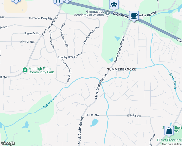 map of restaurants, bars, coffee shops, grocery stores, and more near 3522 Shelly Drive Northwest in Kennesaw