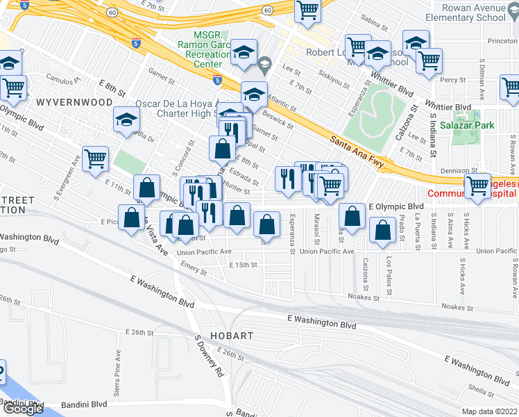map of restaurants, bars, coffee shops, grocery stores, and more near 3460 E Olympic Blvd in Los Angeles