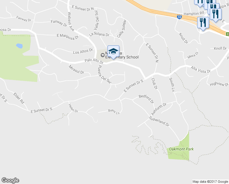 map of restaurants, bars, coffee shops, grocery stores, and more near 30807 Alta Mira Drive in Redlands